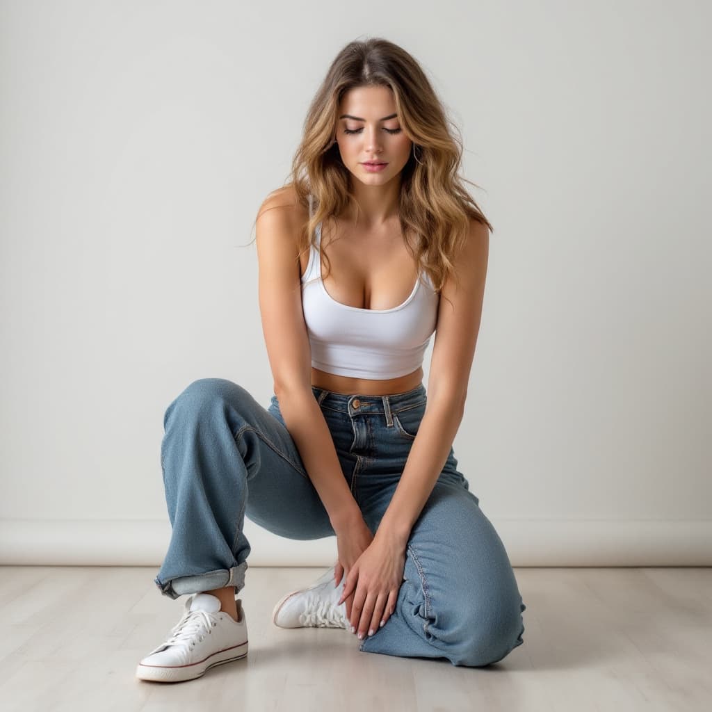 AI generated: a woman  this pose mid removal procees when jeans knee level
