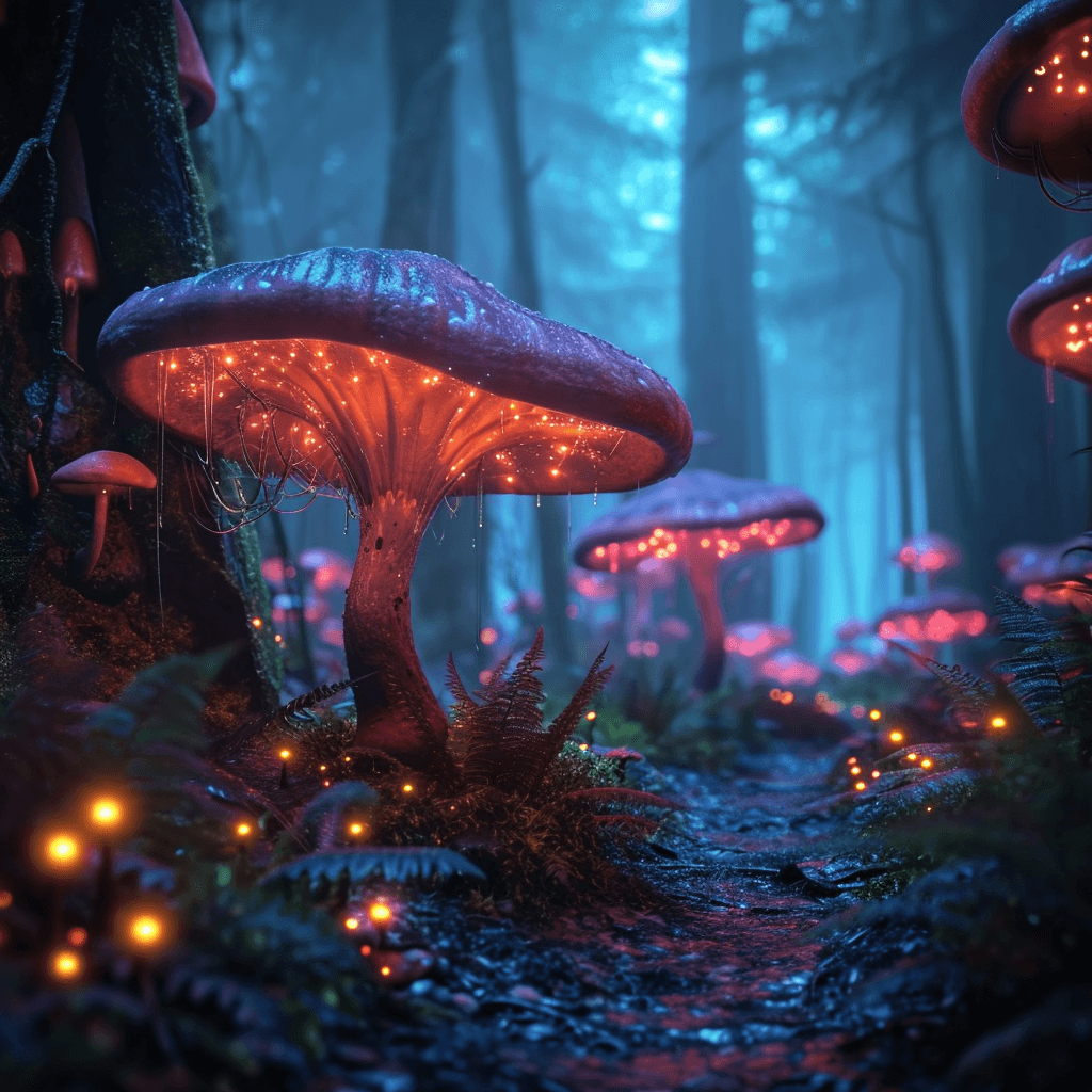 AI generated: large glowing mushroom forest --style raw --v 6.0