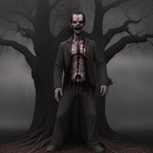 AI generated: A combination body of a top 1 third oak tree and a lower  2 thirds zombie, evil look, full body
