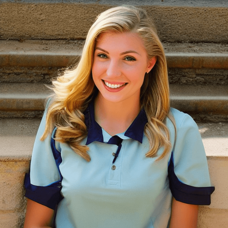 AI generated: photo of a beautiful blonde woman, ((age 17)), ((smile expression)), detailed eyes, (wearing a schoo...