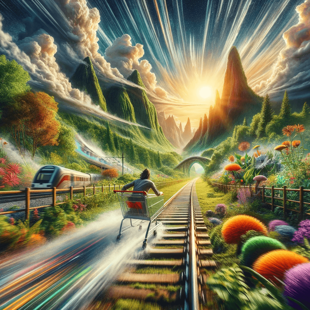 AI generated: A fantastical scene depicting a person in a shopping cart racing down a scenic railway track. The sh...