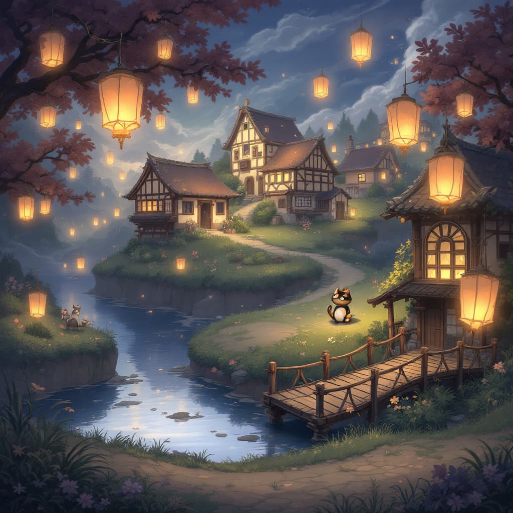 AI generated: A peaceful village surrounded by floating lanterns, soft wind, and a cat-like creature waiting by th...
