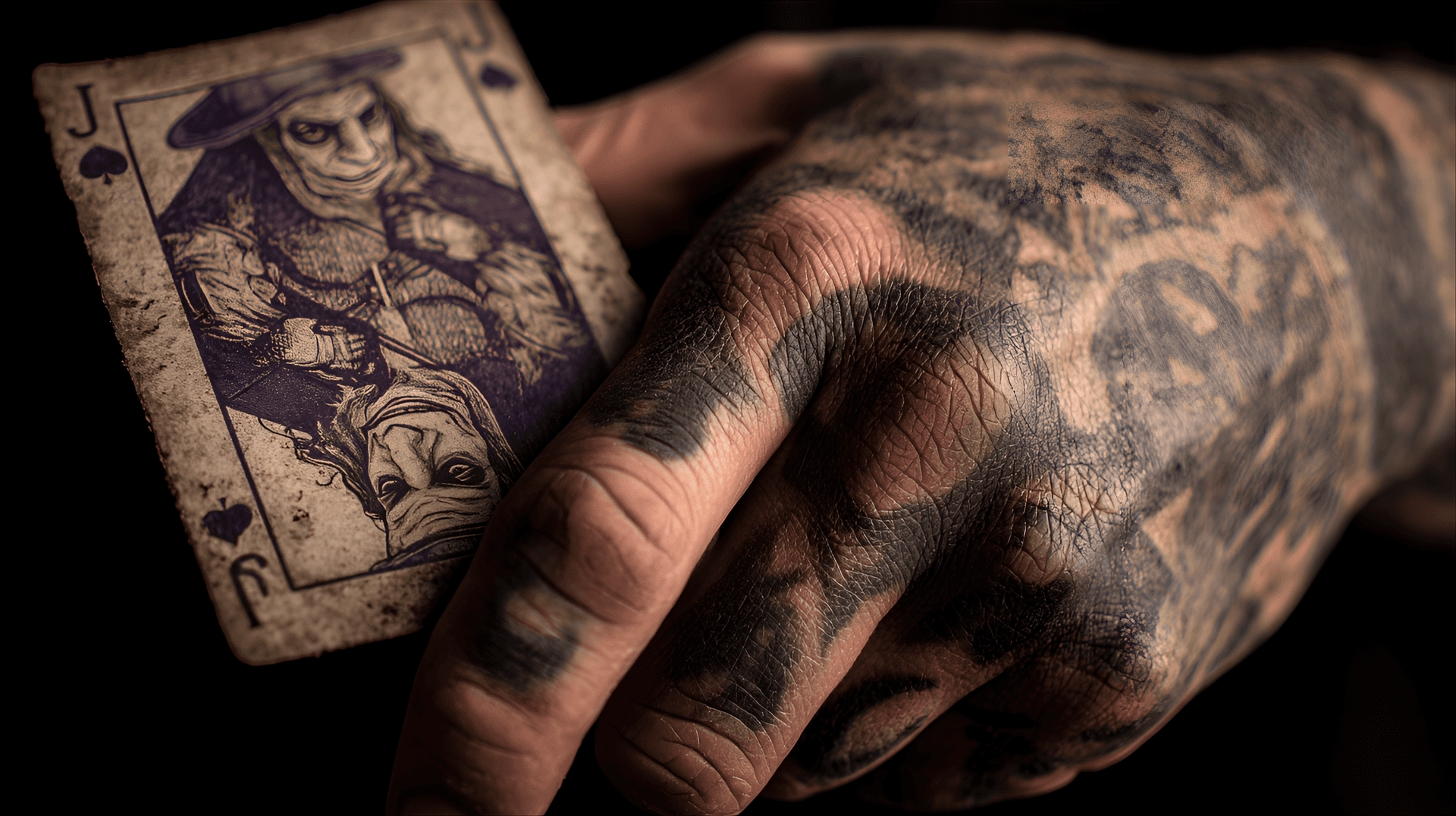 AI generated: Close-up, tattooed hand holding a weathered playing card, Joker face in background, dramatic lightin...