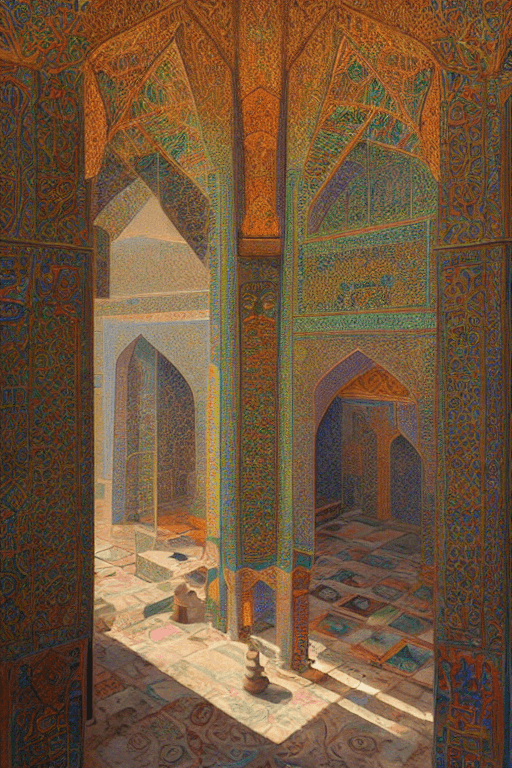AI generated: colorful Persian architecture, Temple volume atrium overlooking a ethereal hanging garden , Sunlight...