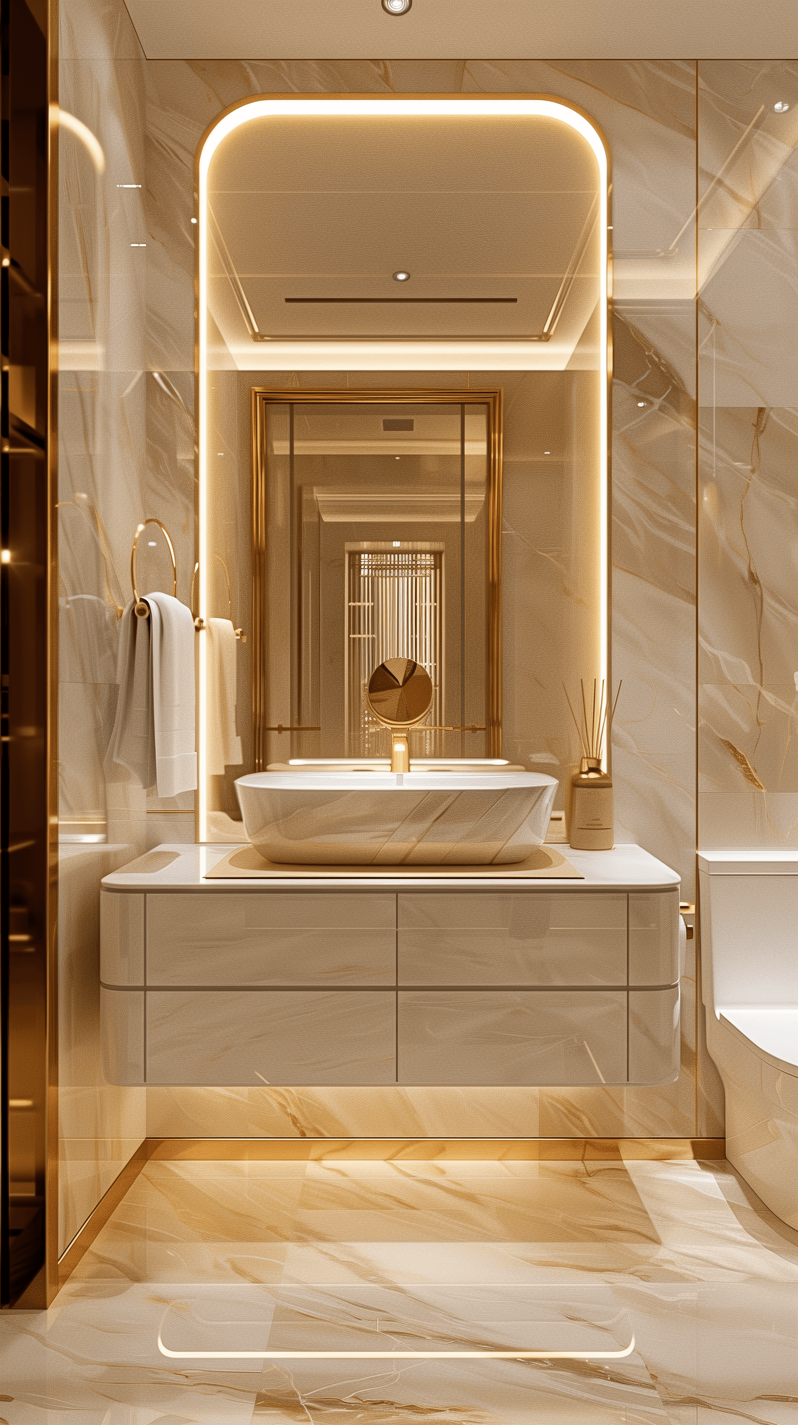 AI generated: visualize a modern luxury bathroom interior from a front-view perspective, features an elegant white...