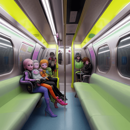 AI generated: Futuristic , highly detailed, A subway car with a very few passengers. the passengers are dressed in...