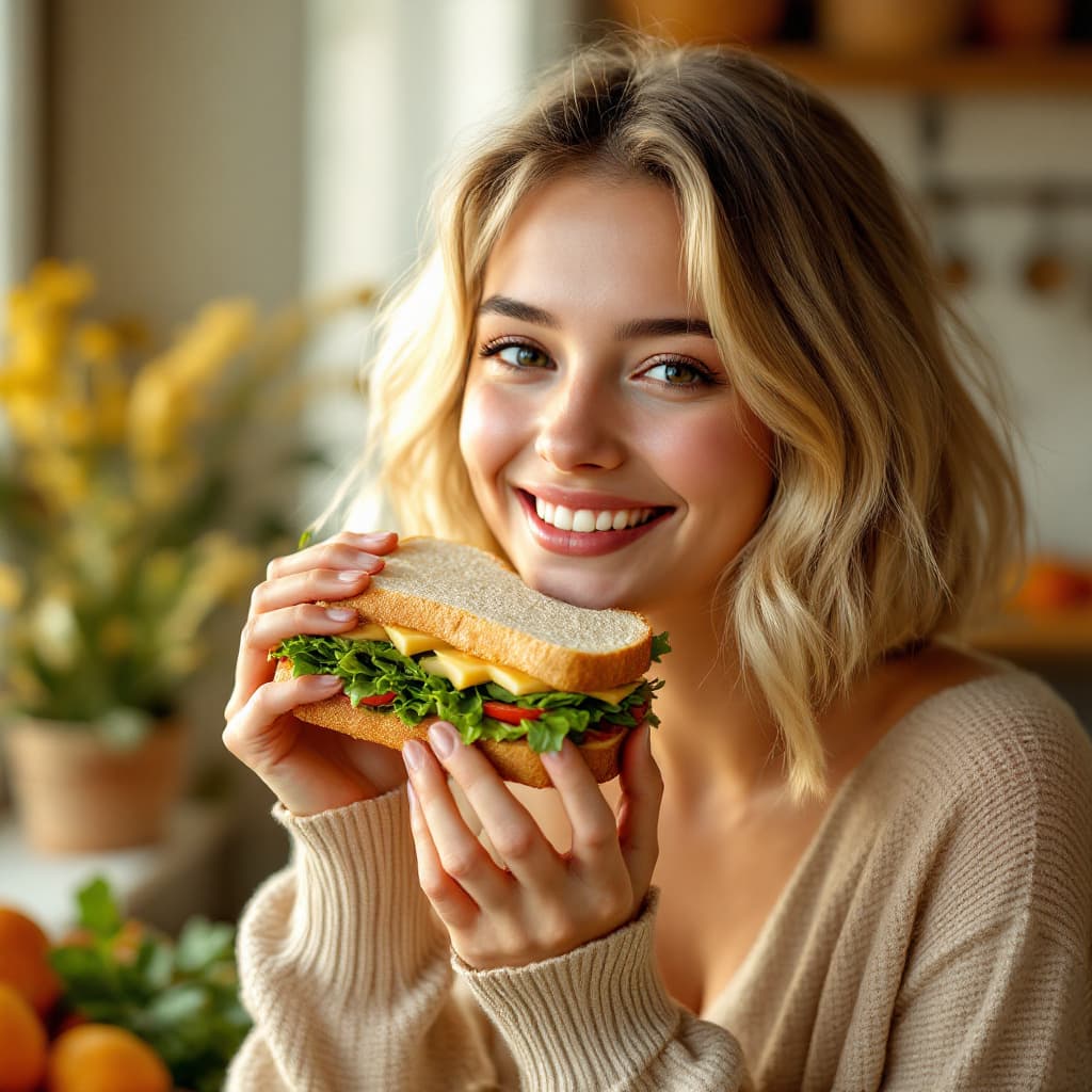 AI generated: Create a realistic and vibrant image of a young and cheerful model enjoying a natural sandwich, in a...