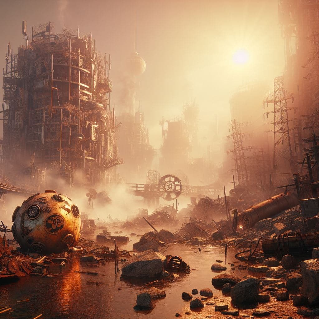 AI generated: Atompunk, destroyed Landscape , shiny,high detailed,photorealism,retrofuturistic design 1960,from th...
