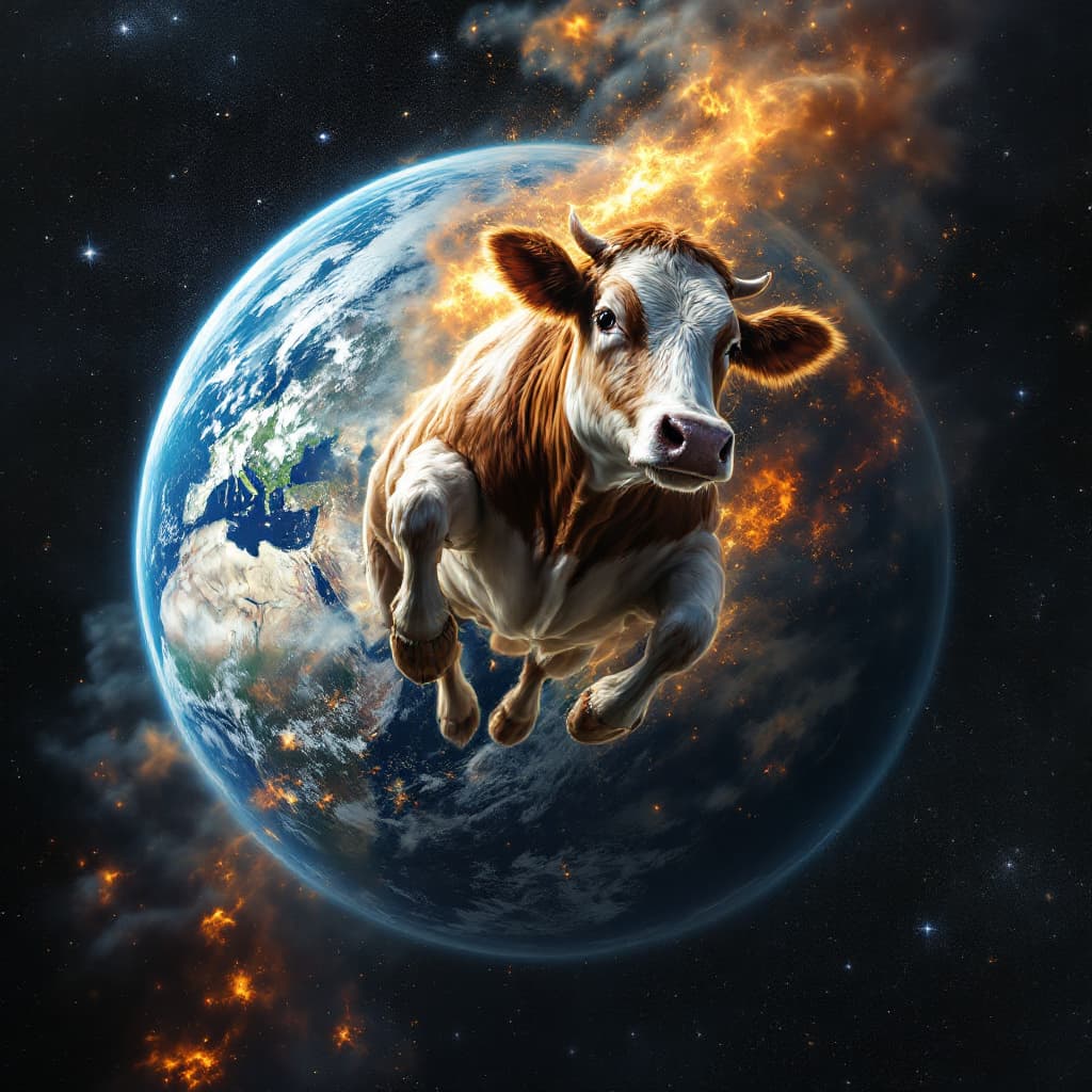 AI generated: A cow flying on space & earth is showing in background 