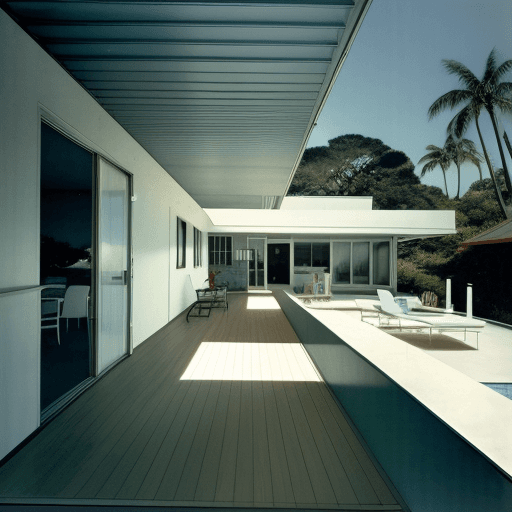 AI generated: Hyper realistic eye level exterior photo of a mid century modern style house overlooking the ocean, ...
