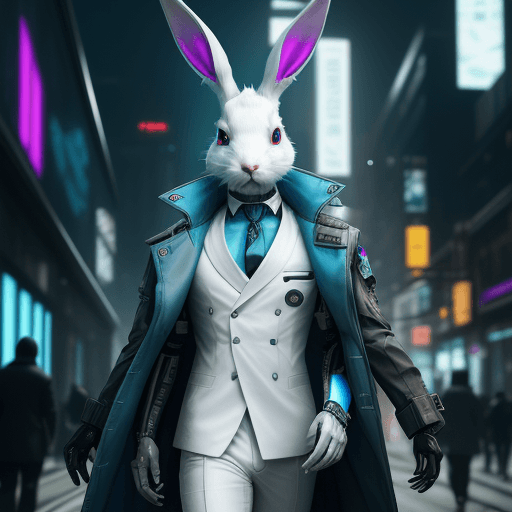 AI generated: an anthropomorphic cyberpunk rabbit in a blue trench coat | white suit | cybernetic | | biopunk |led...