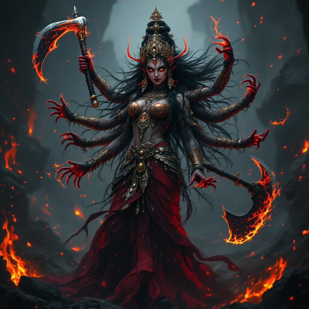 AI generated: An ultra-realistic, full-body portrait of a goddess durga exuding a chilling ferocity with a dark an...