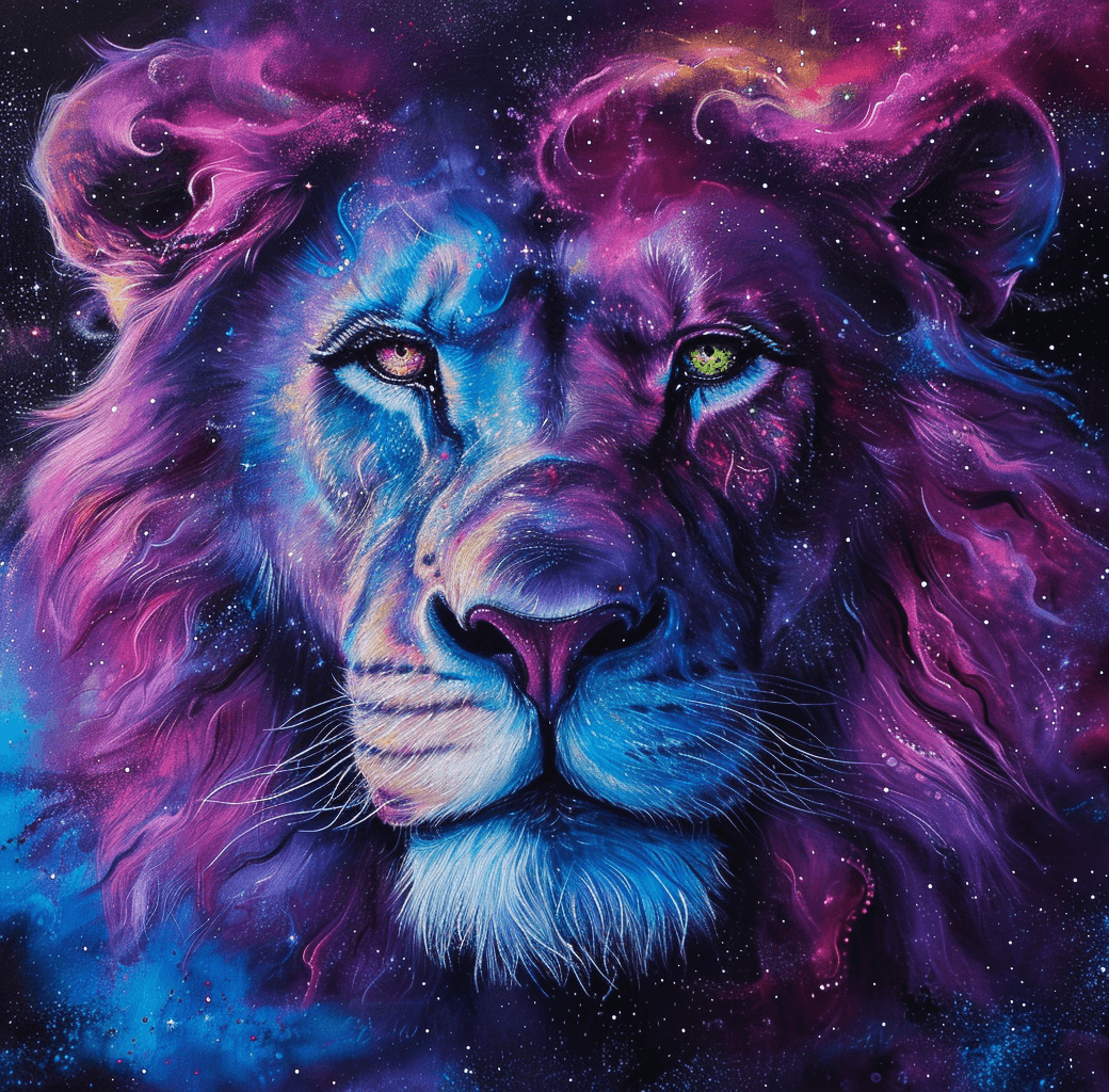 AI generated: painted lions space themed painted canvas by espiritu, in the style of psychedelic color schemes, re...