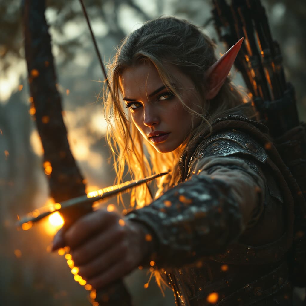 AI generated: A female elf with a bow, with dark blonde hair fighting orcsdramatic light, pale sunrise, cinematic ...