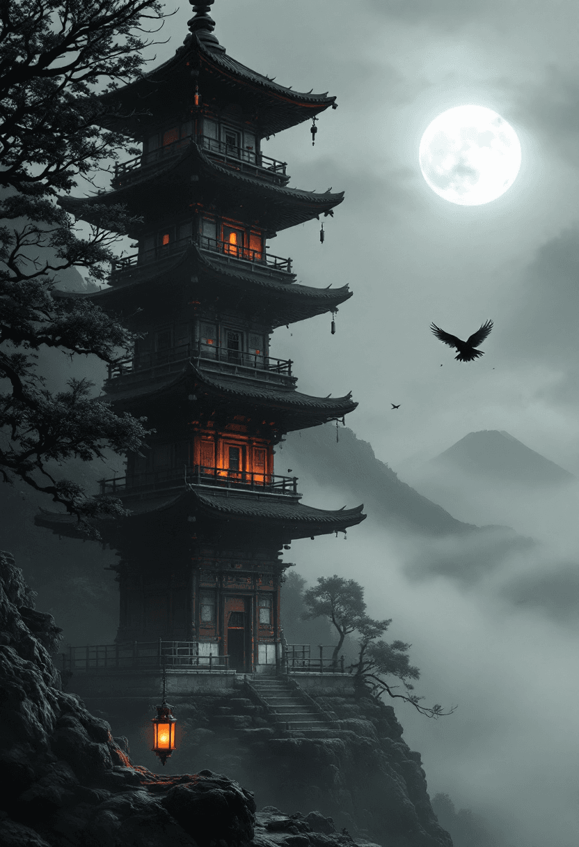 AI generated: An ancient, 5-story pagoda with weathered tiers (hyper-detailed textures: peeling vermilion lacquer,...