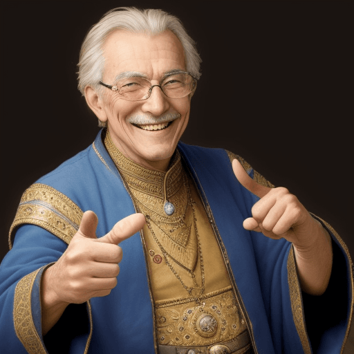 AI generated: A wise man with a smile on his face holds it up and points his finger up