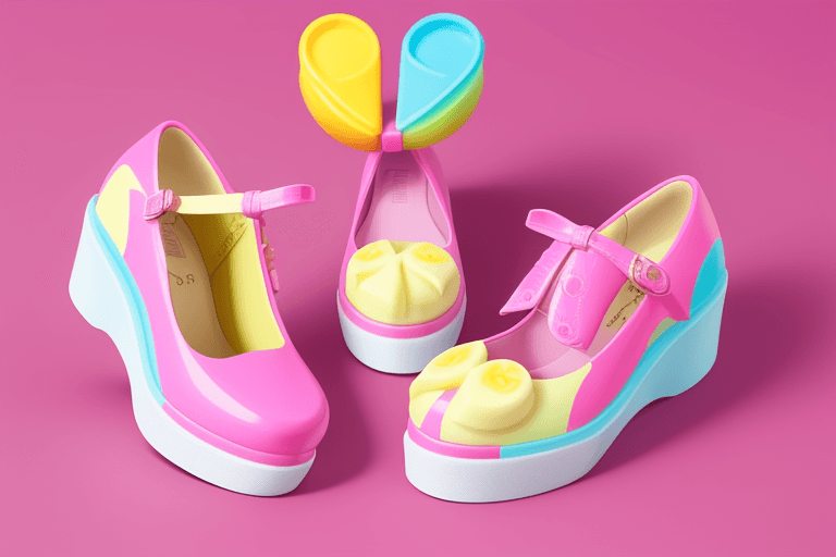 AI generated: Create a Melissa pair of shoe with the Fini candy aesthetic, it must be very fun and colorful. Use t...