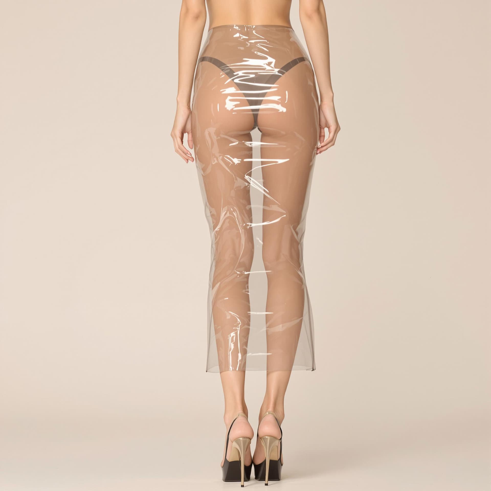 AI generated: intimate model, in transparent latex skirt, with high heels, in a neutral background, full body woma...
