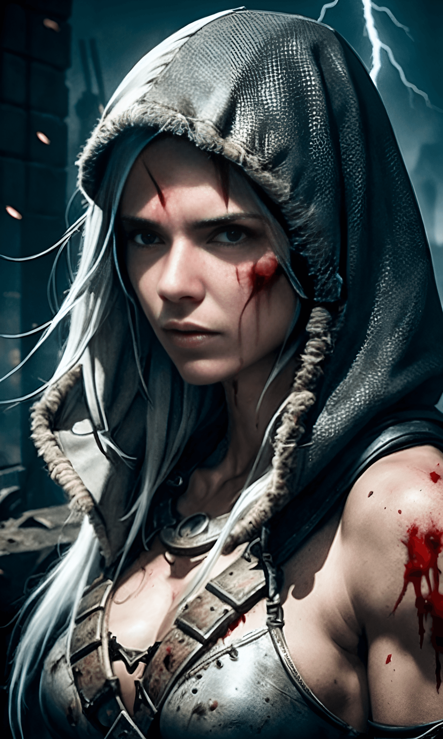 AI generated: A close up portrait of a post apocalyptic female freedom warrior, horror survivor, empty expression,...