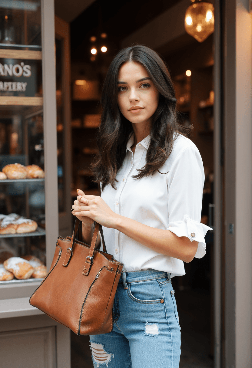 AI generated: A young woman with luscious, dark brown hair styled in effortless waves stands confidently before th...
