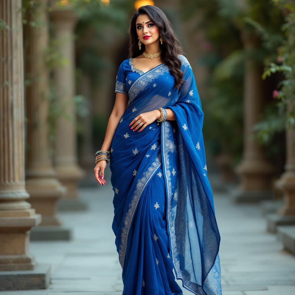 AI generated: Indian women, fair skin, curvy, voluptuous, flat stomach, lipstick, high heels, traditional indian d...