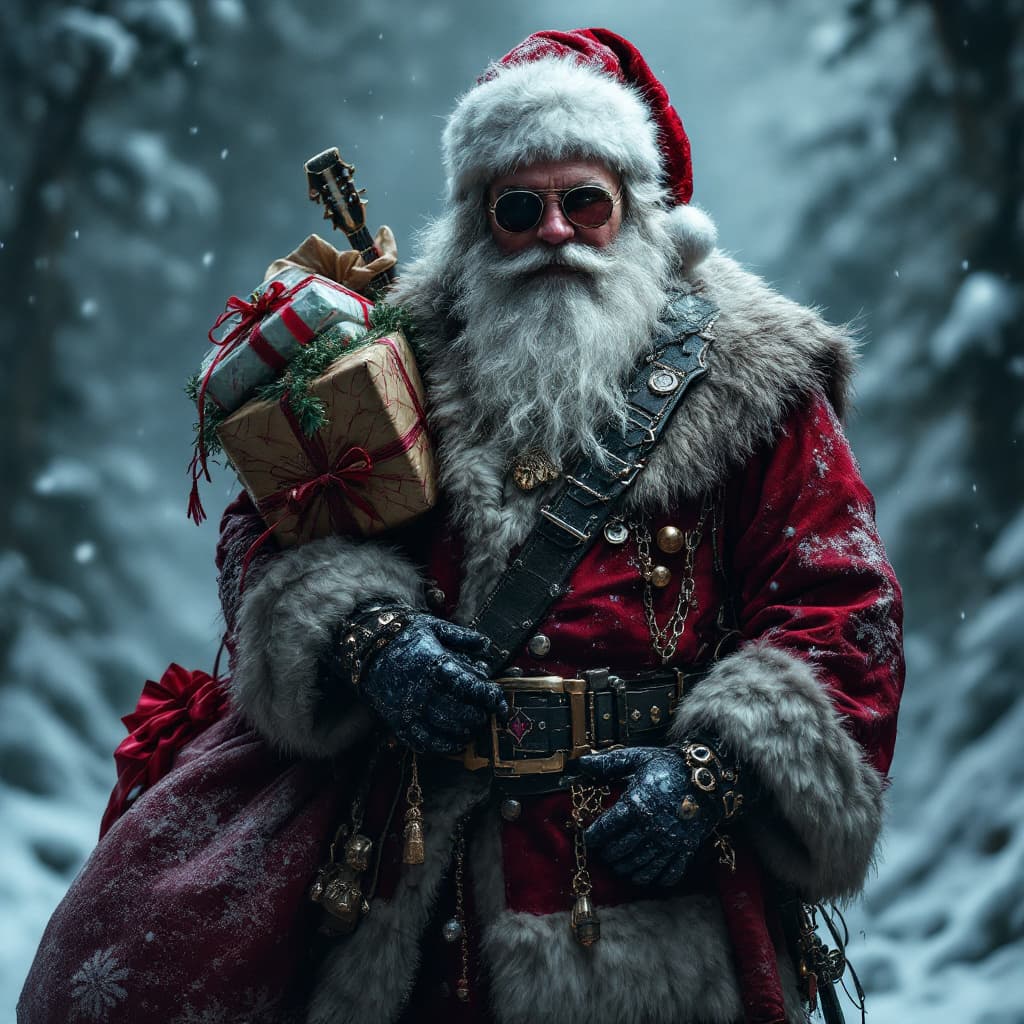 AI generated: Santa Claus in rocker clothes and with rock paraphernalia, Standing and posing with a a large bag of...