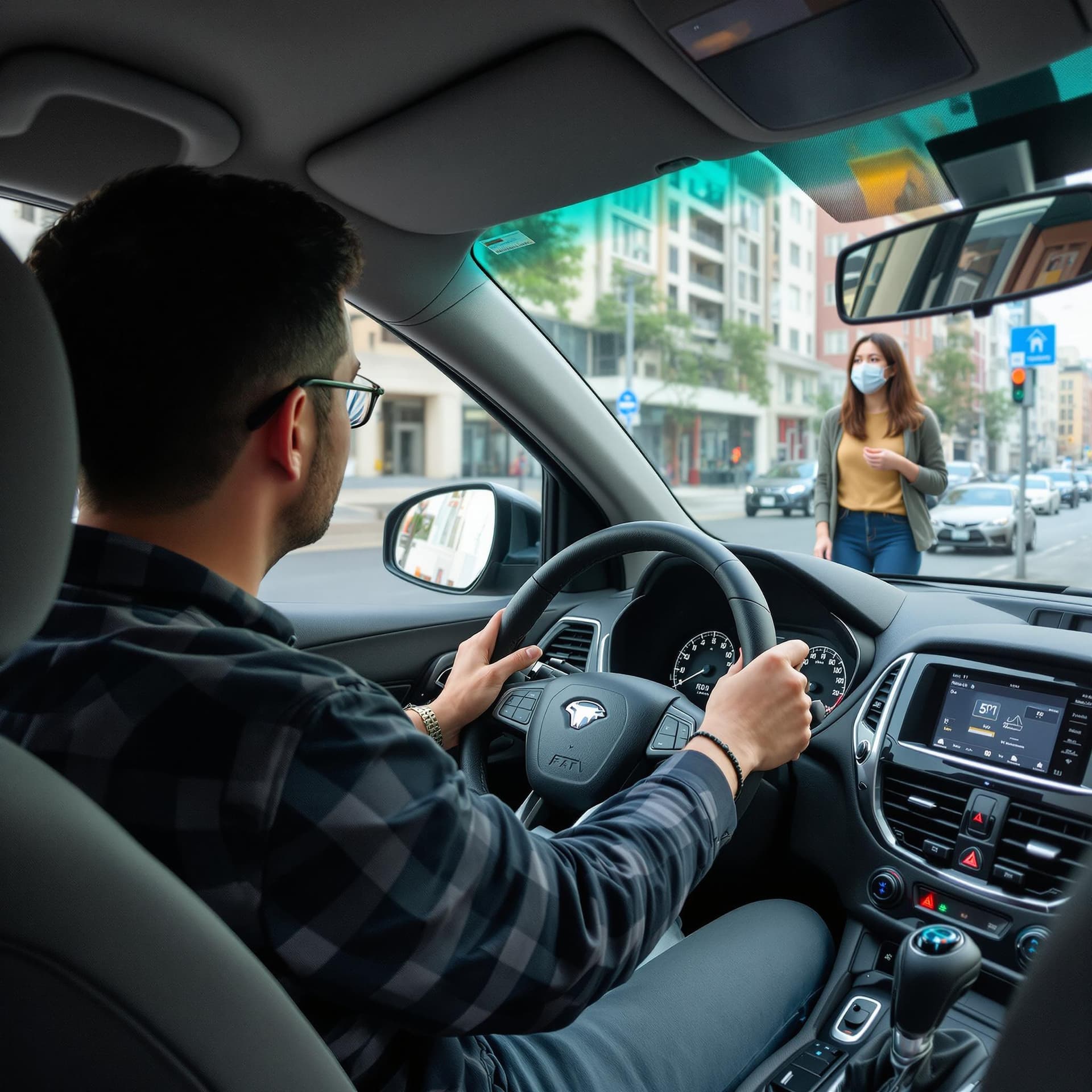 AI generated: man taking a driving test fpv from front seat behing the wheel looking out of the window on a city s...