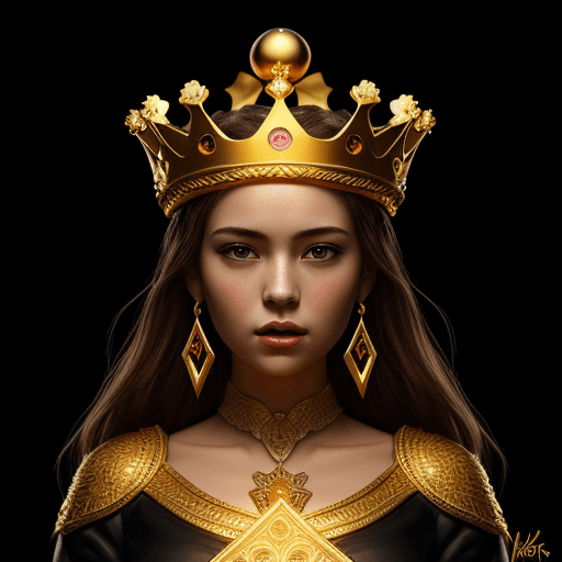 AI generated: Golden crown, female character, goddess, golden detailed dress, blue-eyed, elegant, mystical, fantas...
