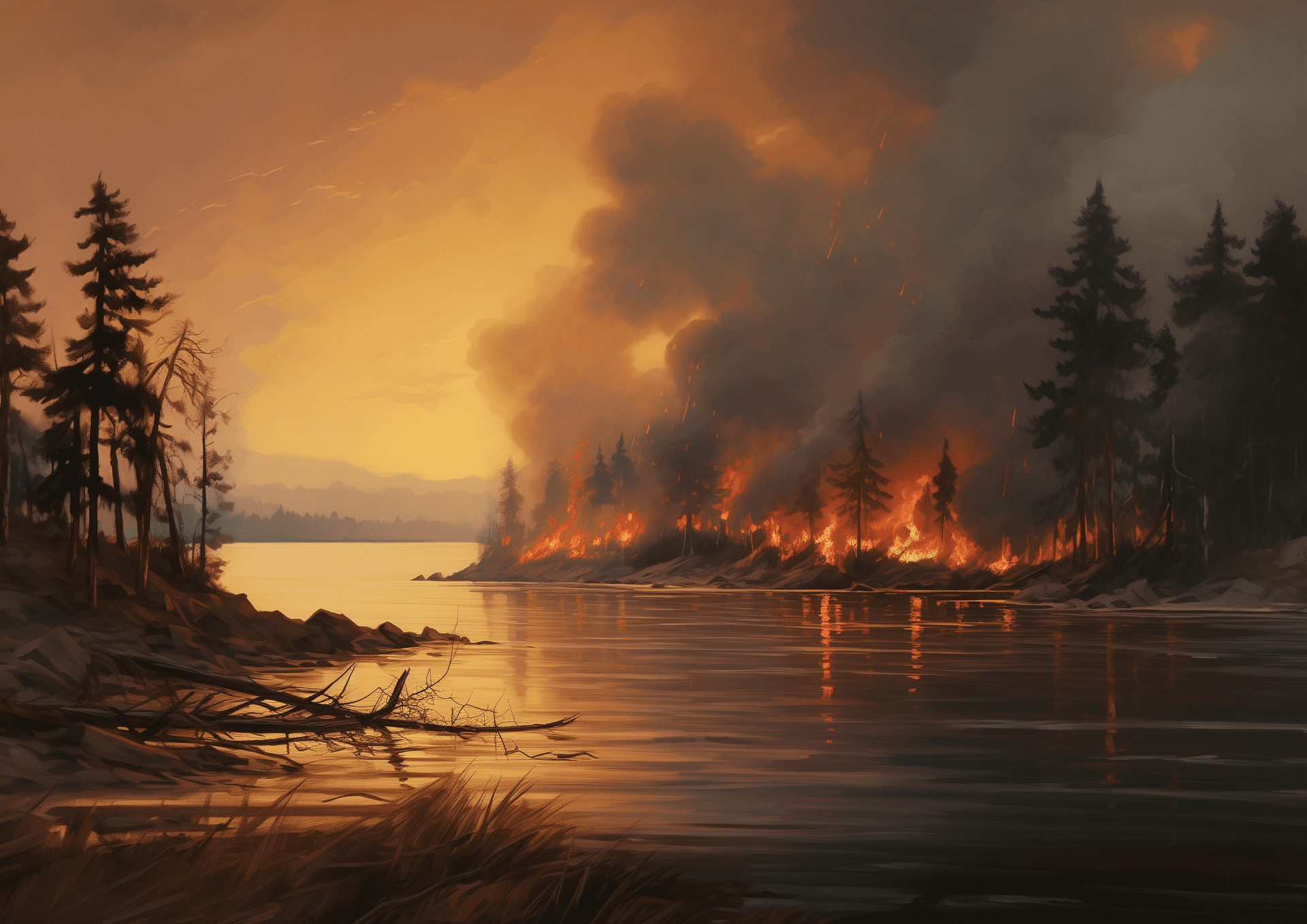 AI generated: A burning forest on the shore of Lake D virtual reality painting in the style of Richard Misrach and...
