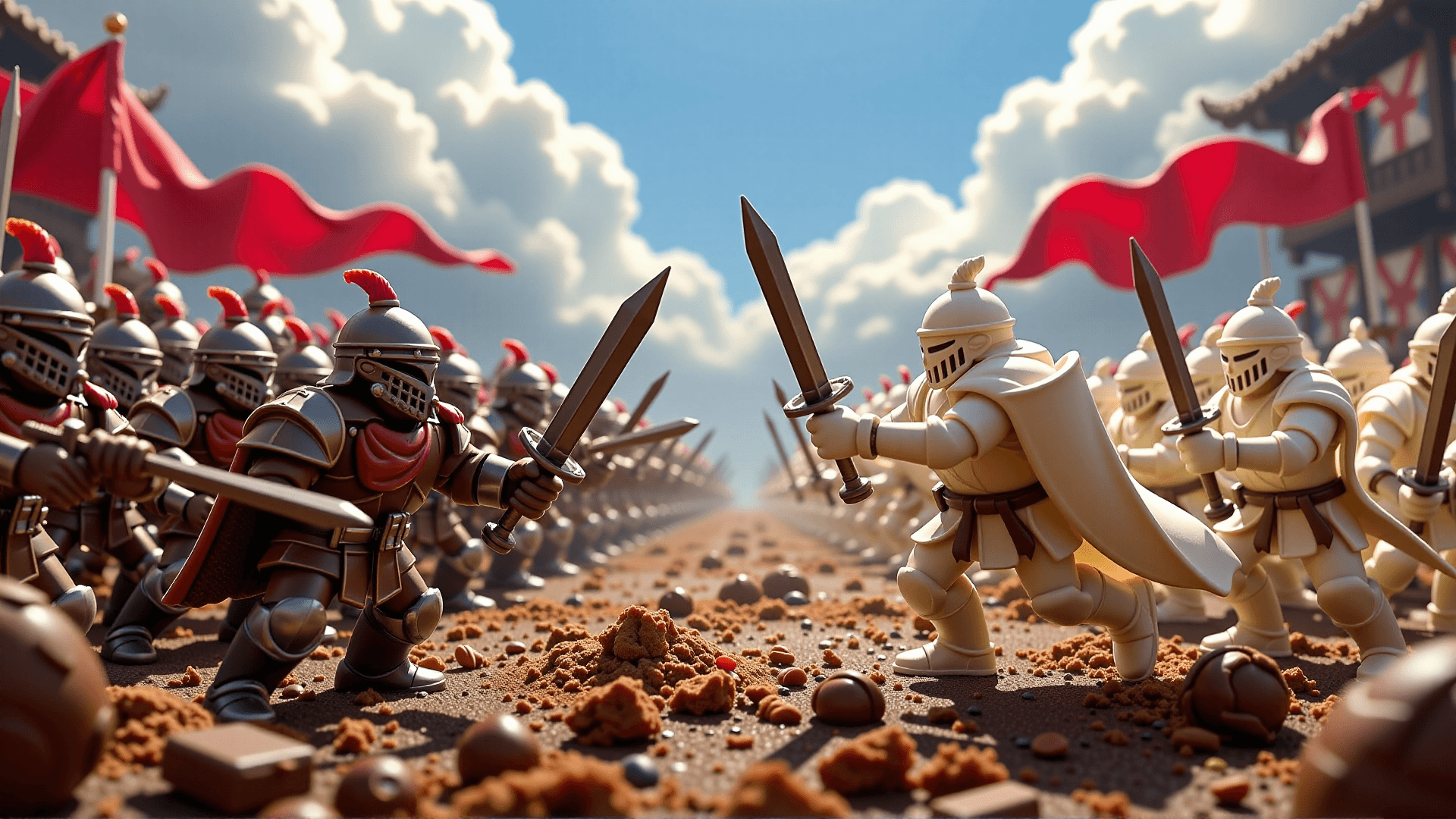 AI generated: Pudding Army Battle: An epic fantasy battle scene between two miniature armies: one composed of fier...