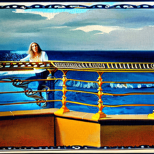 AI generated: "Generate an image of a blonde woman standing on a balcony adorned with intricate wrought iron raili...