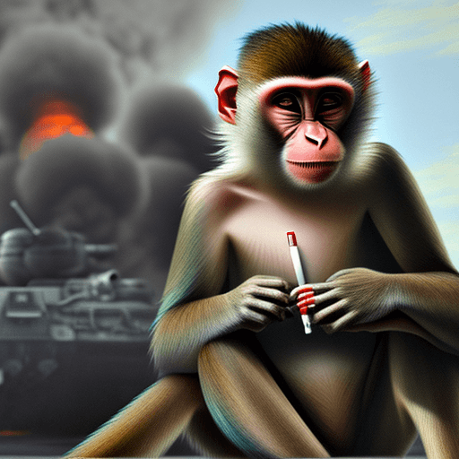 AI generated: hyperrealistic monkey smoking cigarettes during war, he is sittin on big bombs, in the background ta...