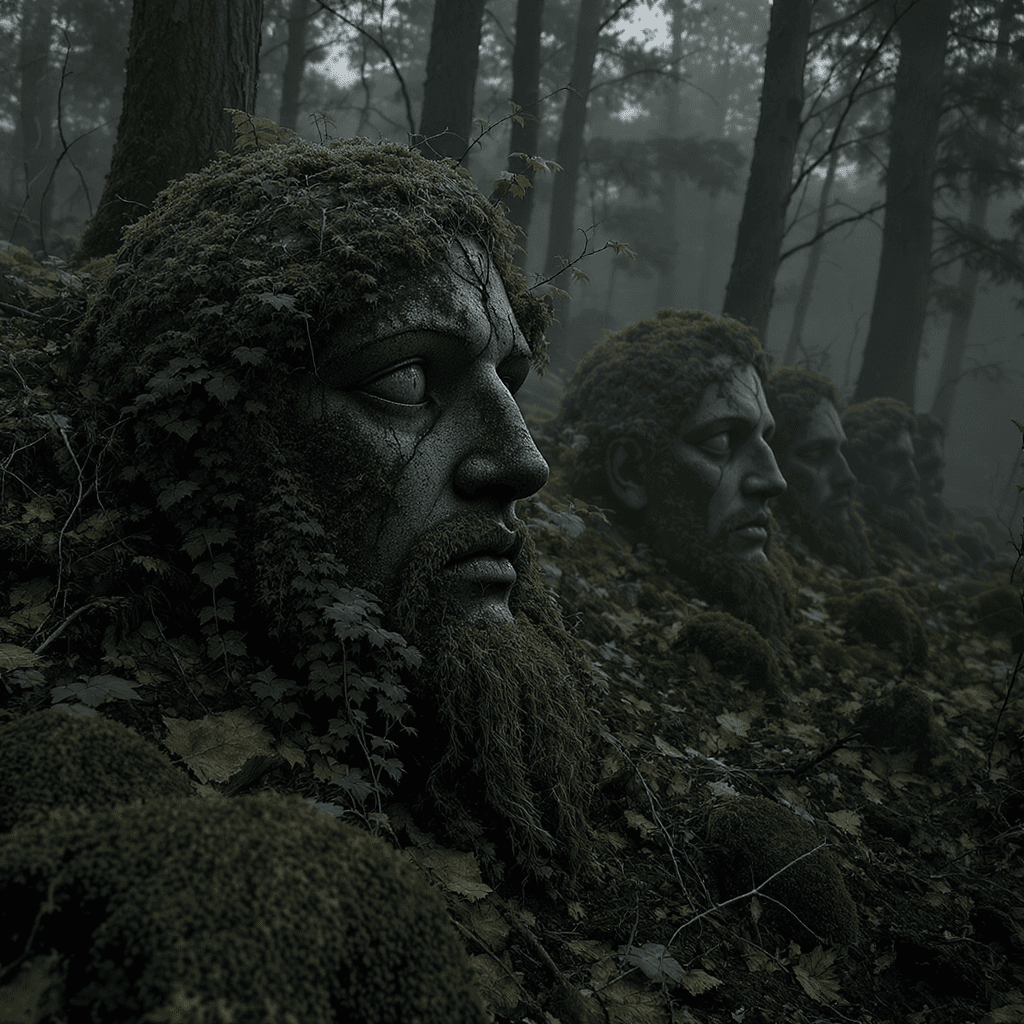 AI generated: Overgrown stone statues half-buried in the forest floor, covered in ivy and moss, cracked faces star...