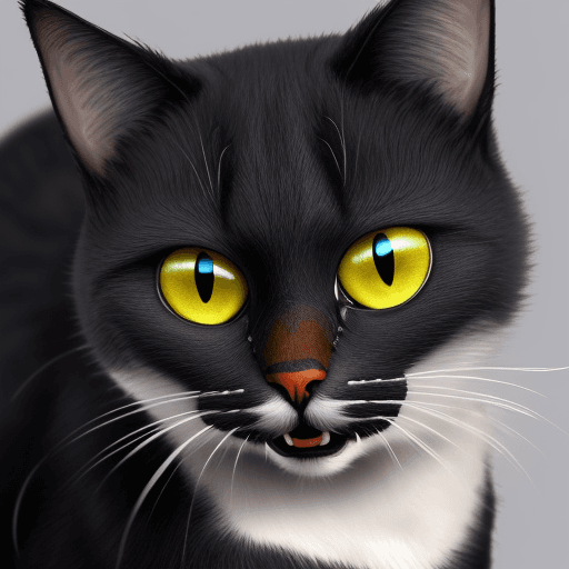 AI generated: cara de gato color negro primera plana con ojos azules y bigotes blancos mostrando los dientes despu...