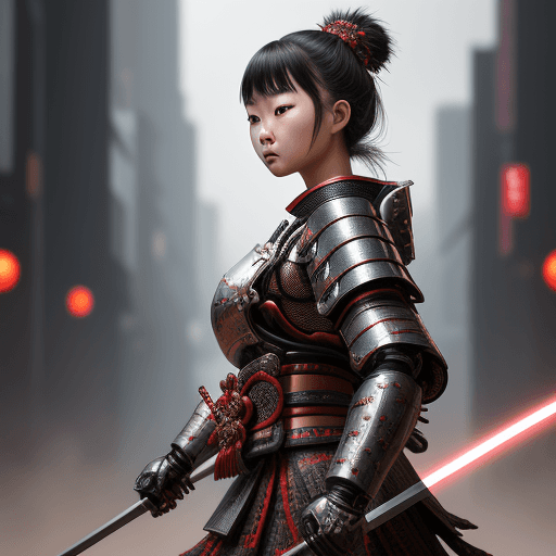 AI generated: Asian girl wearing intricate samurai armor, futuristic city, (dynamic pose), (dynamic lighting), (ul...