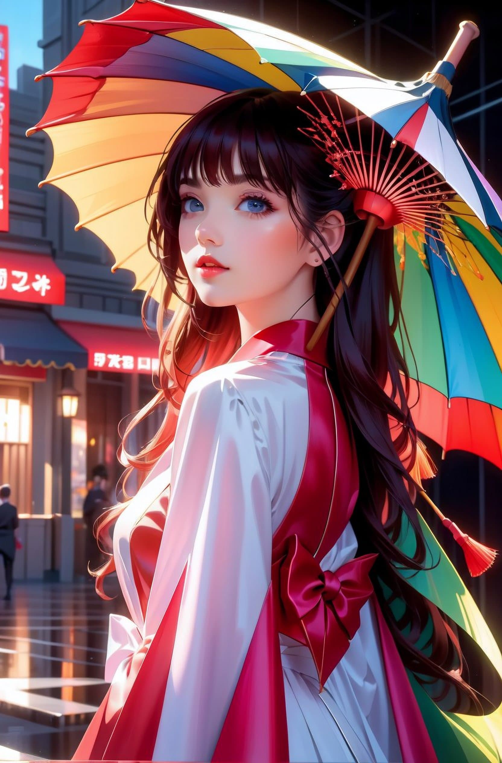 AI generated: a portrait of a (girl holding a colorful umbrella umbrella:1.5), long hair, pinky red theme, genshin...