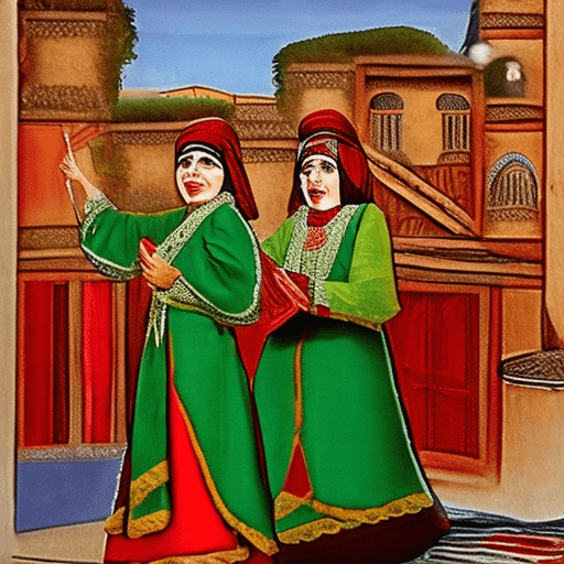 AI generated: “A classic scene from the traditional Turkish shadow play featuring Karagöz and Hacivat. Two wooden ...