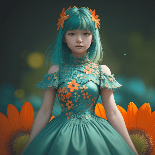 AI generated: rcsrstyle, pinastyle, woman, flower dress, colorful, darl background, flower armor, green theme, exp...