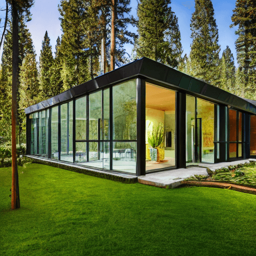 AI generated: hyper realistic real estate photography image magazine, 2 eco friendly houses connected by a glass c...