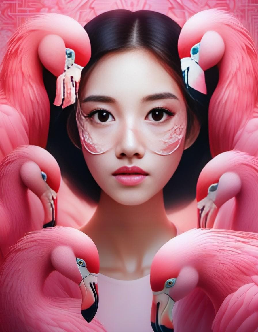 AI generated: a Girl with pink neon skin implants. beautiful intricately detailed flamingo mask, ornate, Dreamlike...