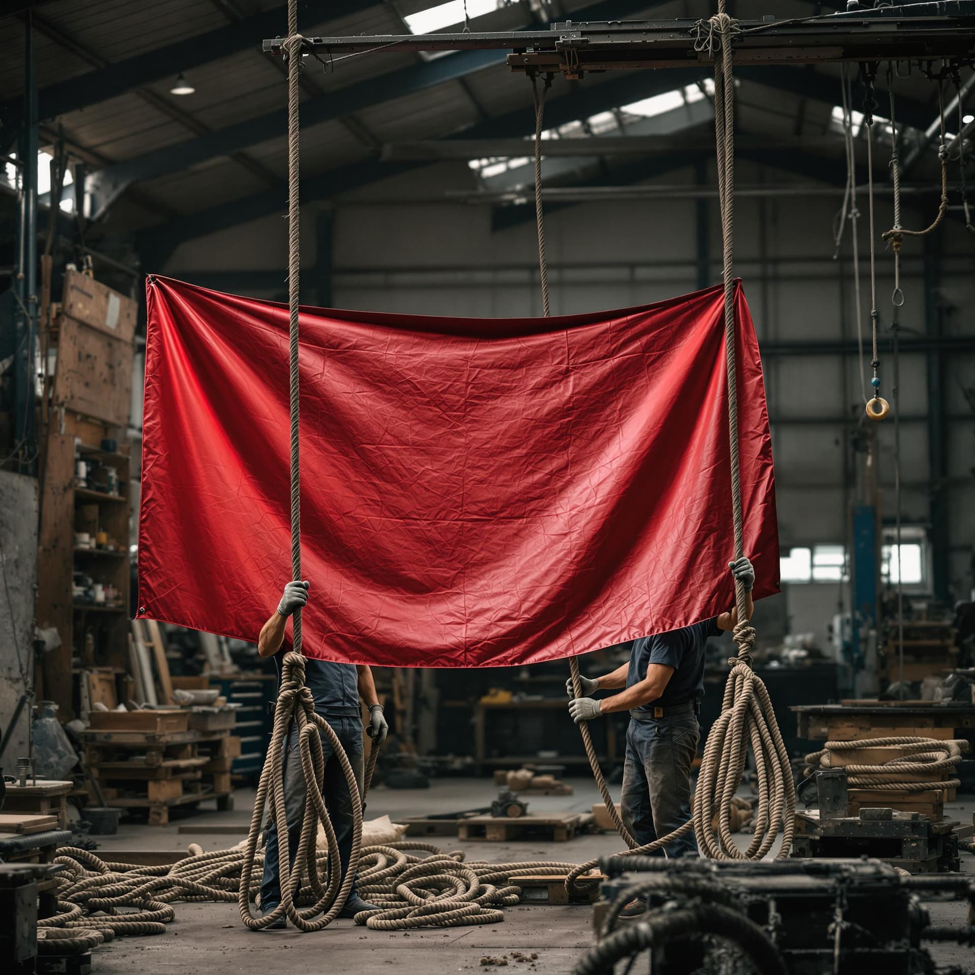 AI generated: In the photo, two beardless workers in the workshop are hanging a red banner and looking at the came...