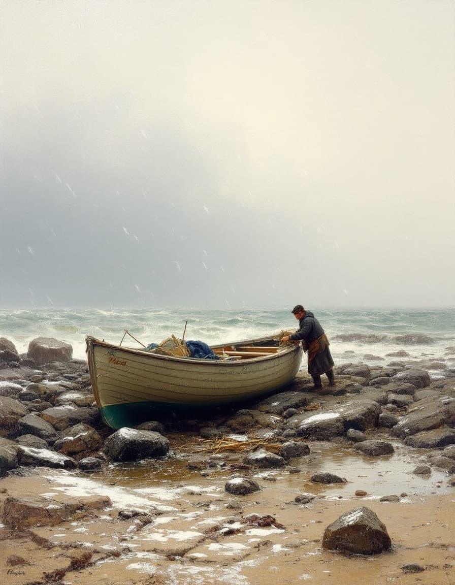 AI generated: A  painting inspired by John Constable of a rocky beach where a rowboat has been hauled out of the w...