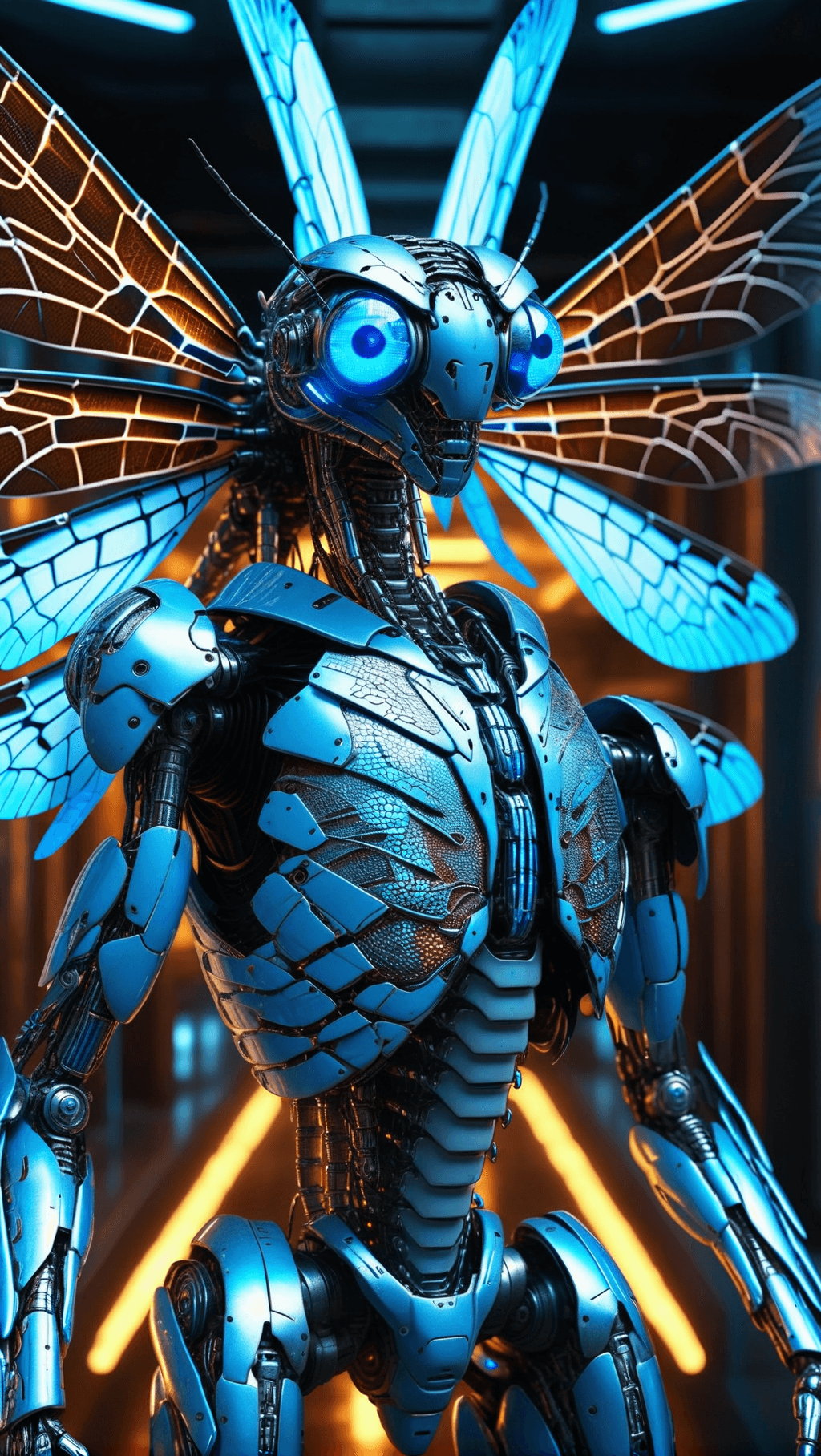 AI generated: Ultra-detailed cyborg in a spaceship (blue eyes), with anthropomorphic cybernetic elements on metal ...