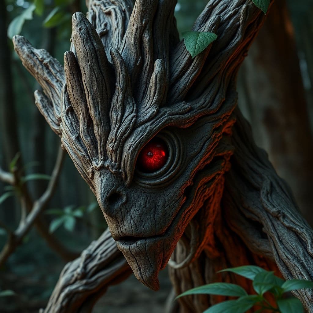 AI generated: a scary looking wood creature with a red eye, in the style of filip hodas, daz3d, sandy skoglund, na...