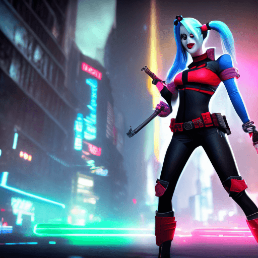 AI generated: full body:1. 5, Destiny guardian Harley Quinn, Evil attitude, cold stare, (neon Gotham City) :1. 5, ...