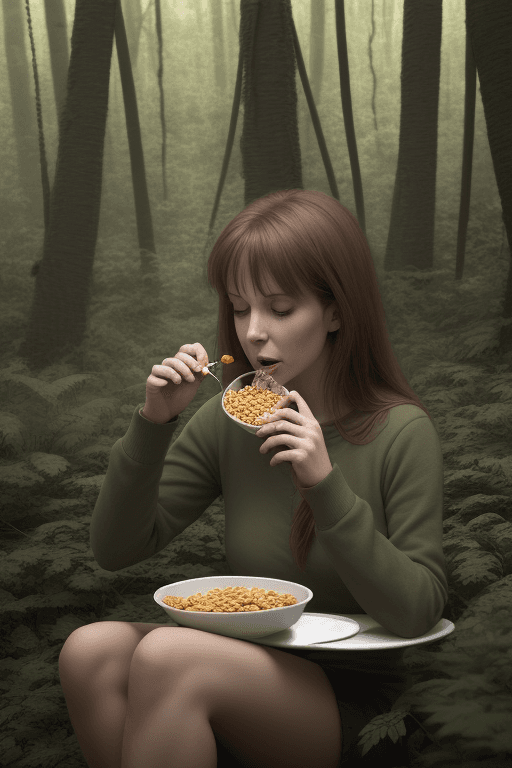 AI generated: woman eating cereal in forest