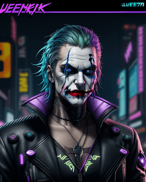 AI generated: Joker with blue eyes, cyberpunk 2077 style, cyberpunk night city, neon light, cyberpunk 2077 concept...