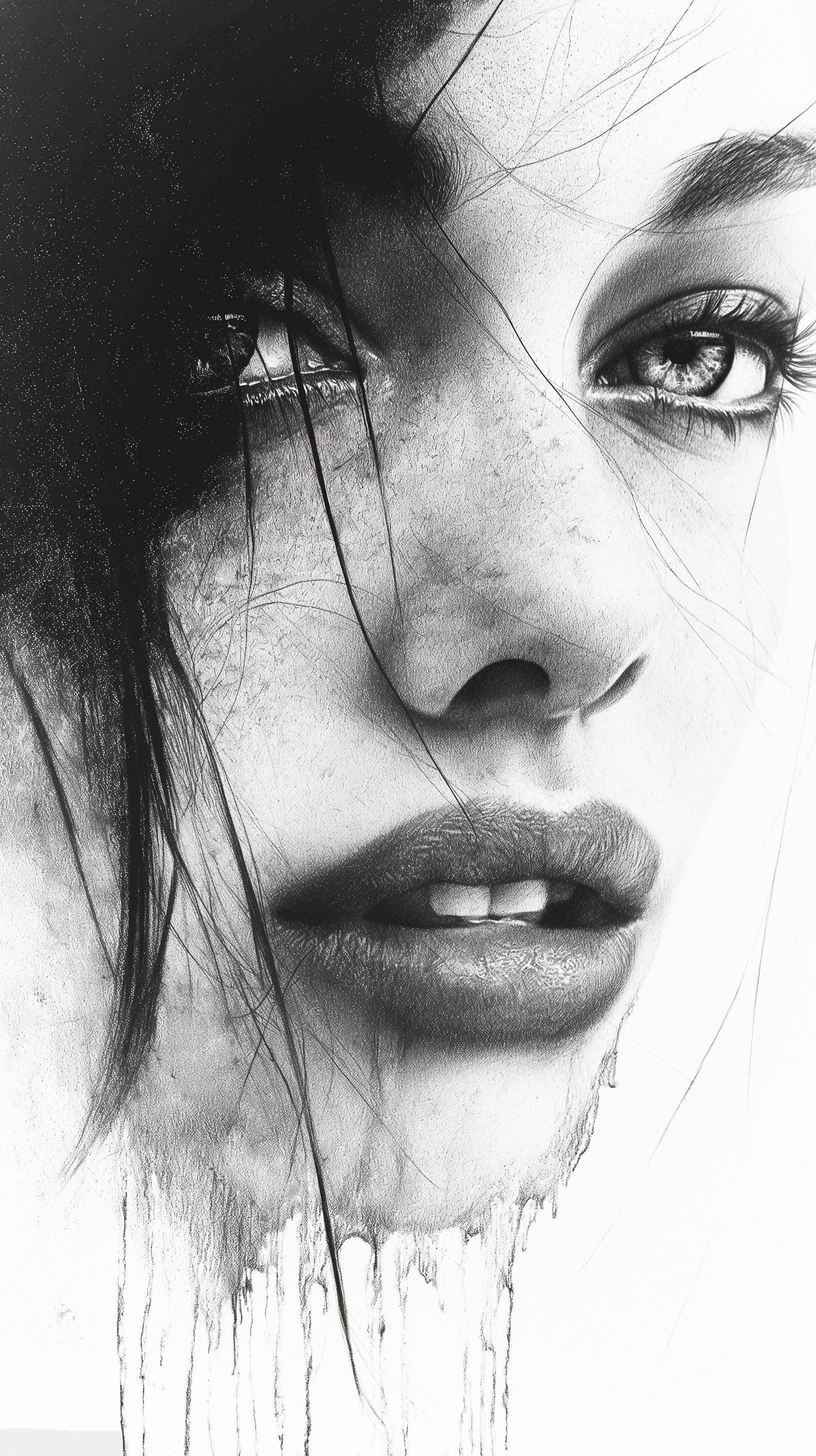 AI generated: artistic, charcoal art, woman face, profound gaze, rough technique, natural feel and color of charco...