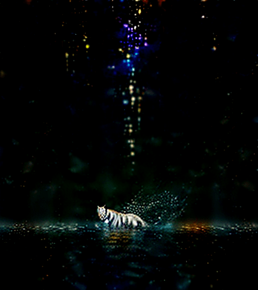 AI generated: White tiger running through sparkling dark blue water. Water droplets flying everywhere. Middle of t...