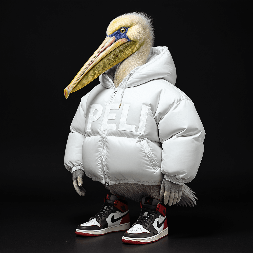 AI generated: A pelican wearing an oversized puffy jacket and Nike Air Jordan-inspired sneakers, with the text "PE...